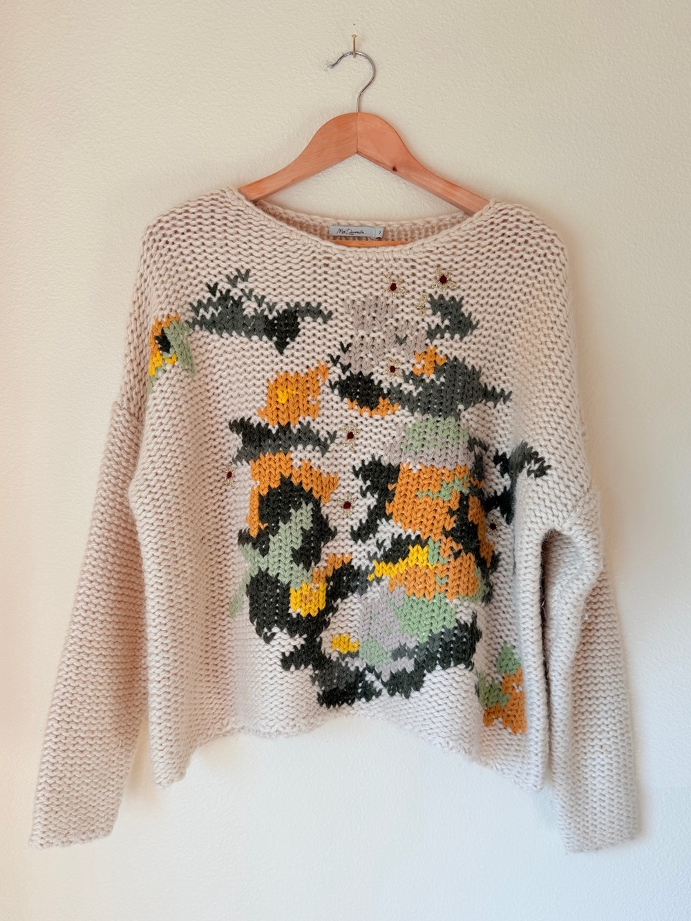 Mes Demoiselles Cream Crewneck Sweater, Oversized Medium